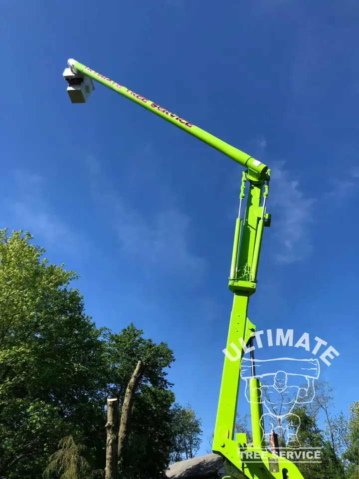 Bucket truck boom close-up against a blue sky